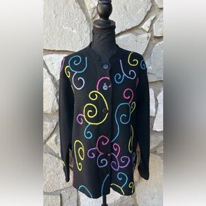 Coldwater Creek 100% Wool Cardigan Small Black Embroidered Excellent‎